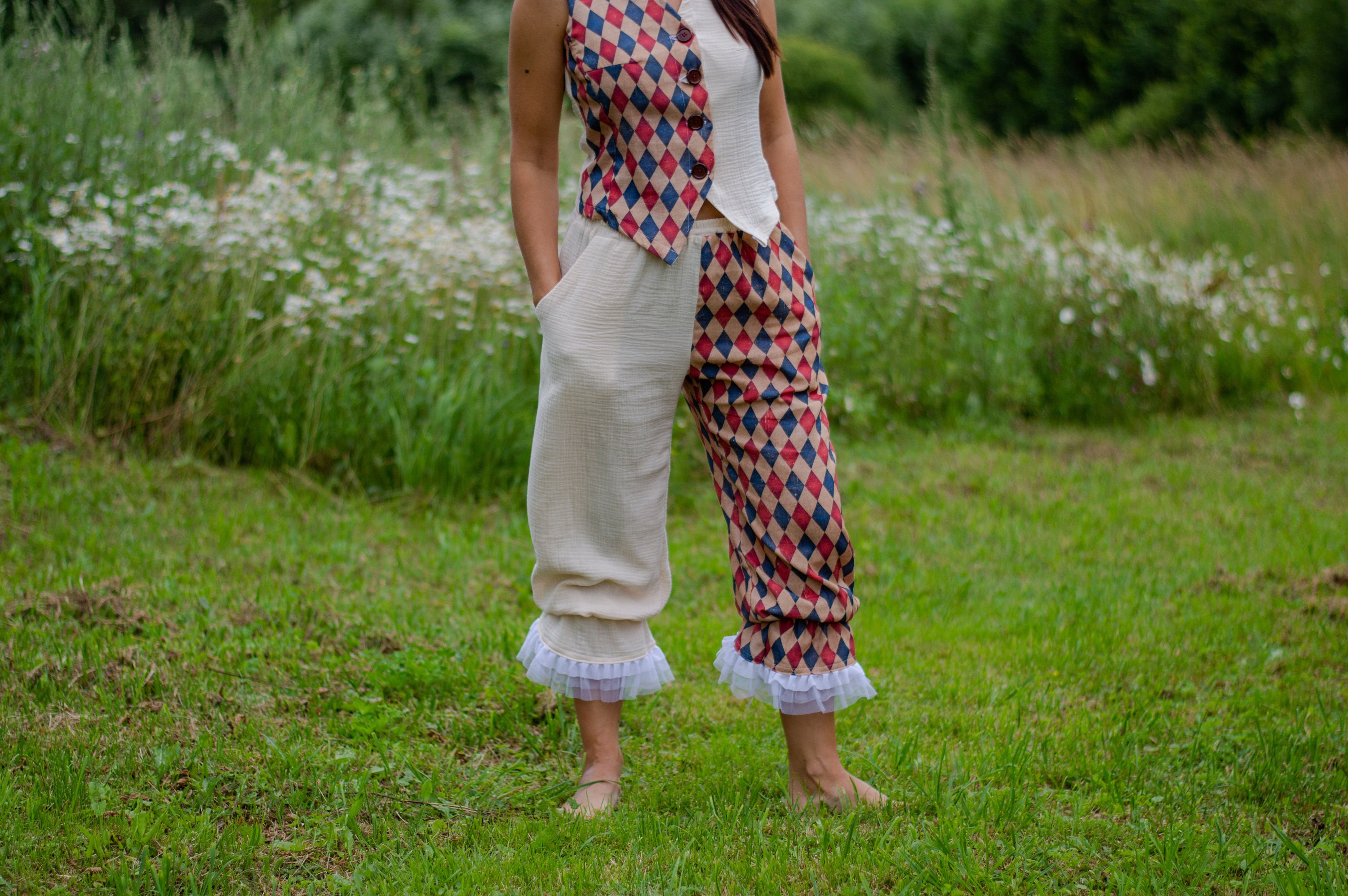 ピエロパンツ ヴィンテージ 赤と青 ハーレクイン サーカス 衣装