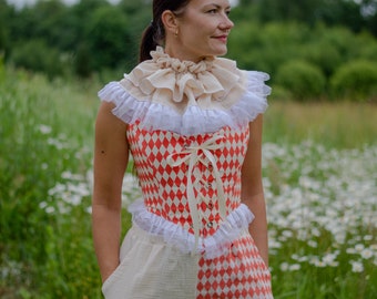 Clown Corset  Orange Harlequin Circus Outfit Cottagecore Romantic Corset Halloween Vintage Clown Renfaire Cosplay Pierrot Fantasy costume