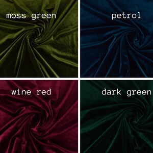 May include: Four fabric swatches in different colors: moss green, petrol, wine red, and dark green. The fabric is a velvet material with a soft, plush texture.
