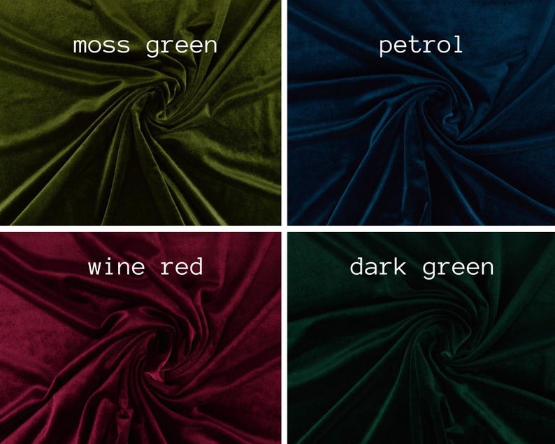 May include: Four fabric swatches in different colors: moss green, petrol, wine red, and dark green. The fabric is a velvet material with a soft, plush texture.