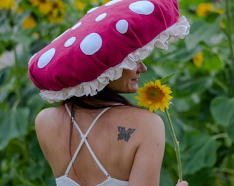 Wine red Fleece Mushroom Hat, Fly Agaric Toadstool Costume