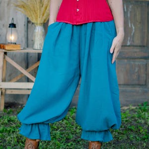 May include: Teal-colored harem pants with ruffled cuffs. The pants are paired with a red corset top. The image is taken outdoors, with a wooden background and green grass.