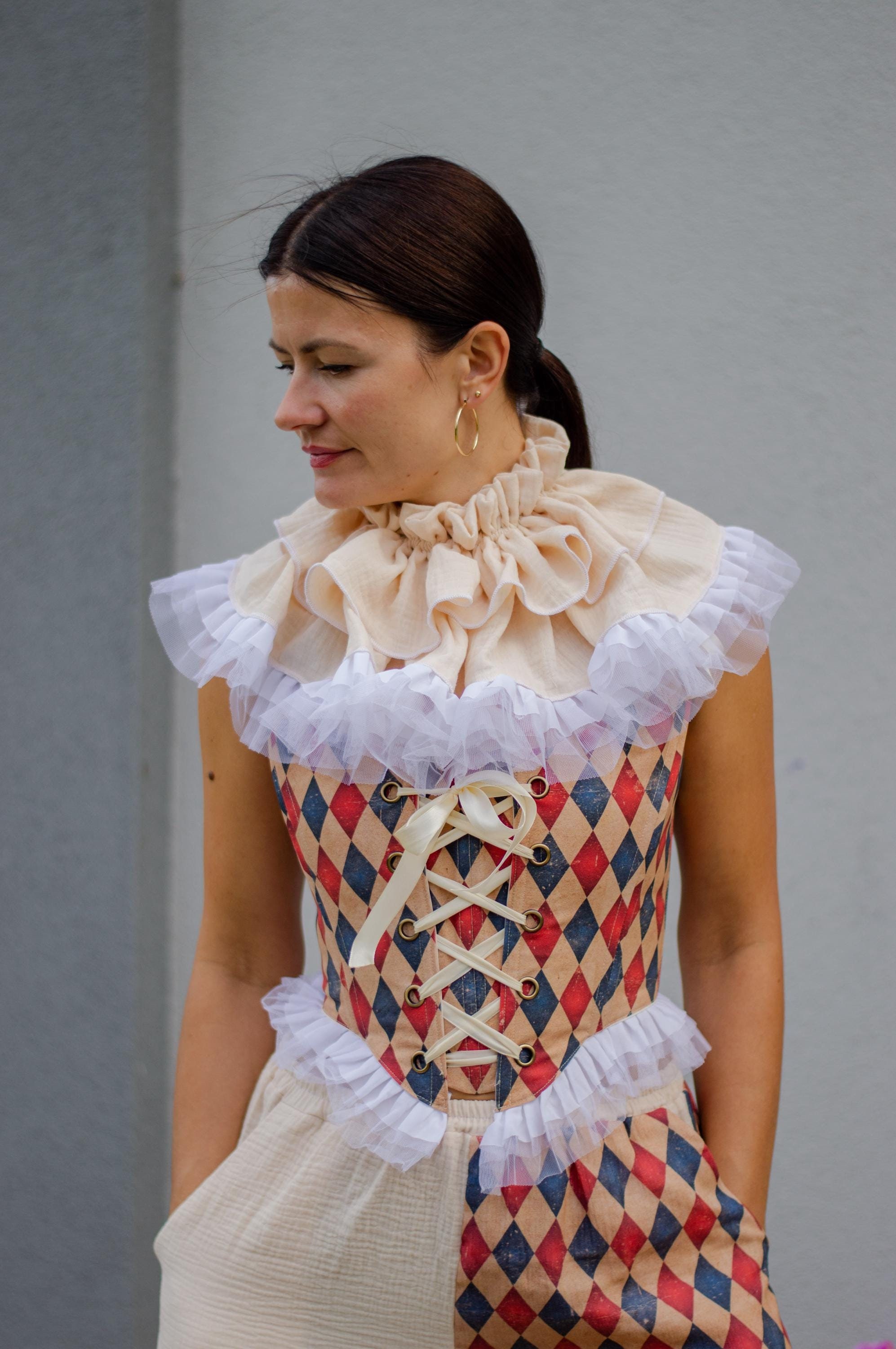 Clown Corset Harlequin Blue and Red Circus Outfit Cottagecore Romantic Corset Halloween Vintage Renfaire Cosplay Pierrot Fantasy costume