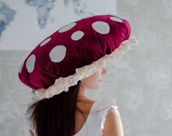 Sombrero de seta Terciopelo Vino tinto Sombrero agárico mosca Toadstool Niños Adultos Disfraz de Halloween Woodland Kids disfraz Cosplay