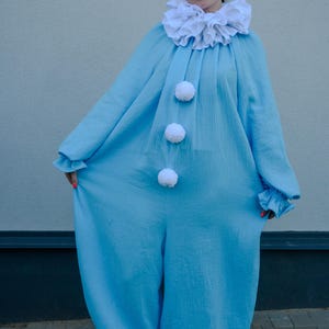 READY TO SHIP Size M Clown costume Adult Unisex Suite Aqua blue Jester Circus costume Pierrot Halloween Cosplay Jumpsuit Birthday party