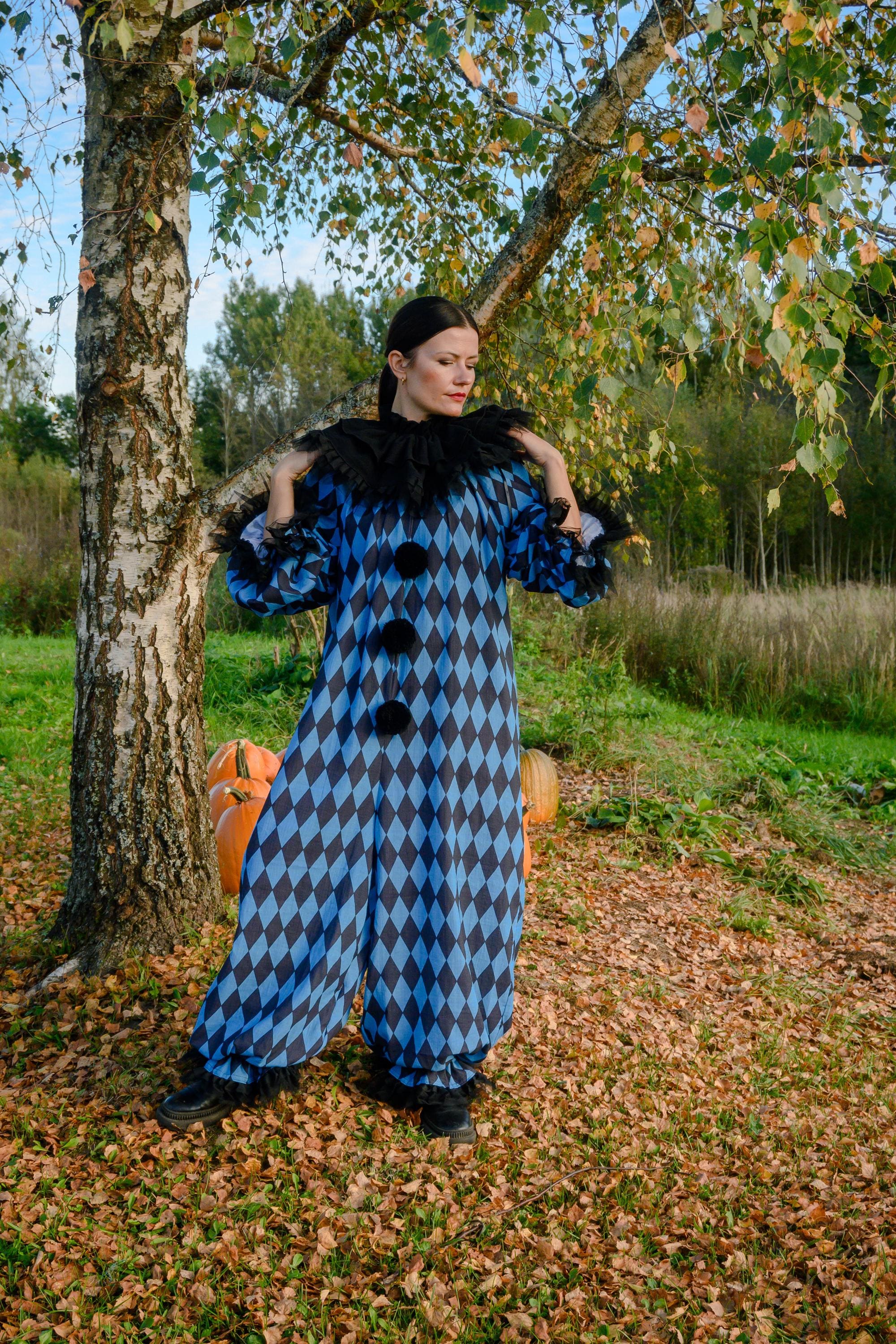 Vintage Harlequin Costume, Aqua Blue & Black Diamond Jumpsuit