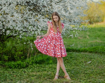 Robe pour fille, robe à volants, costume champignon, tenue d'Halloween, champignon vénéneux des bois, costume amanite mouche, imprimé champignon, cottagecore