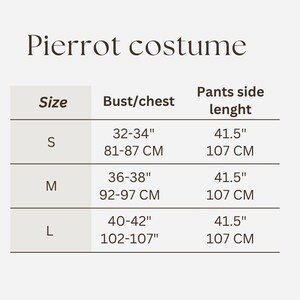May include: A table of sizes for a Pierrot costume, with bust/chest measurements in inches and centimeters, and pants side length in inches and centimeters. Sizes range from S to L, with bust measurements from 32-34 inches to 40-42 inches.