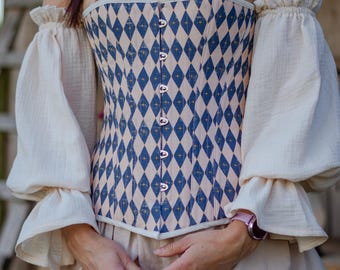 Harlequin Half Bust Victorian Corset, Navy and Beige Vintage Circus Diamond Corset