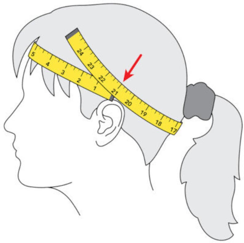 May include: A yellow measuring tape is wrapped around a person's head to measure their head circumference. The tape measure is marked with numbers from 17 to 24. An arrow points to the tape measure.