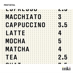 以下が含まれることがあります： 点線背景にコーヒーメニューの詳細。マキアート、カプチーノ、ラテ、モカ、抹茶、紅茶などのコーヒーメニューが記載されています。各ドリンクの横に価格が表示されています。