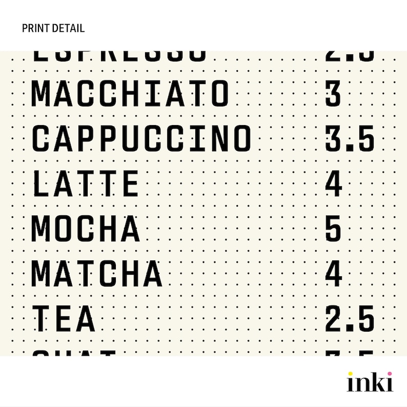 以下が含まれることがあります： 点線背景にコーヒーメニューの詳細。マキアート、カプチーノ、ラテ、モカ、抹茶、紅茶などのコーヒーメニューが記載されています。各ドリンクの横に価格が表示されています。