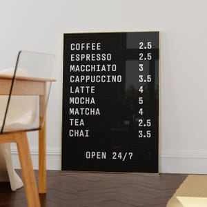 Impressão em quadro preto com menu de CAFÉ - Menu de café - Arte de parede para cozinha