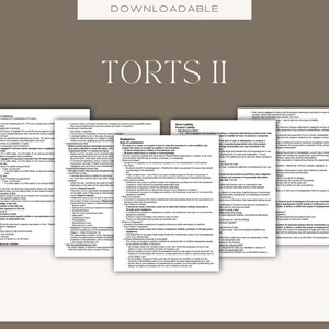 May include: A stack of white paper documents with the title "TORTS II" in large, bold letters. The documents contain text and are labeled "DOWNLOADABLE" at the top. The documents appear to be legal study guides or reference materials.