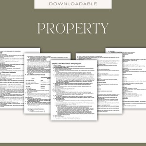 May include: A black and white text document with the title "PROPERTY" and the heading "Chapter 1: The Foundations of Property Law". The document discusses the concept of property law and its various aspects, including the definition of property, types of property, and concurrent interests.