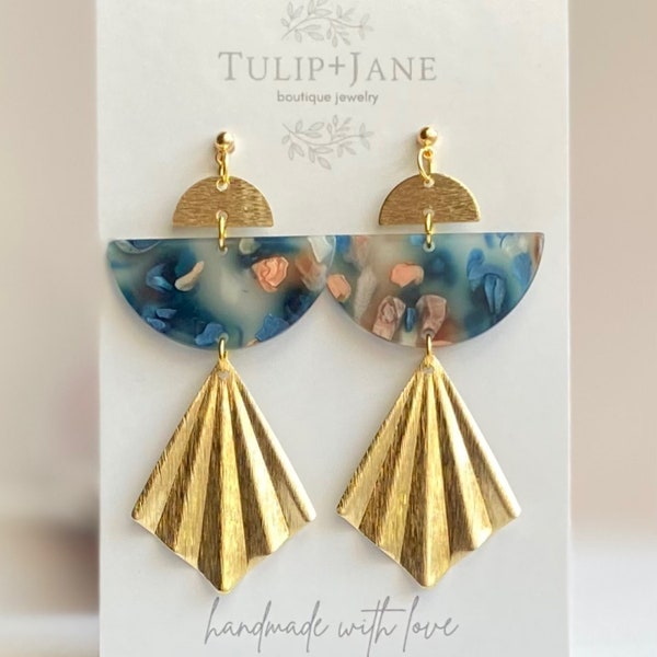Bohemian Acrylic Earrings |  Geometric Statement Earrings | Trendy Brass and Acrylic Earrings | Cute Everyday Earrings | Colorful Dangles