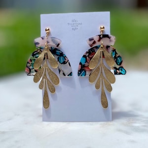 Statement Dangle Earrings | Funky Tortoise and Brass Leaf Earrings | Acrylic Earrings | Resin Drop Earrings | Arch Earrings | Fun Earrings