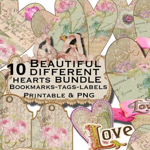 BUNDLE ROSE HEARTS 10 cuori diversi vintage shabby chic stampabili e PNG banner, tag, etichette, segnalibri, parole, kit d'amore per diario spazzatura