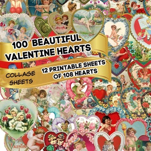 108 CUORI DI SAN VALENTINO vintage su 12 fogli di collage stampabili Download istantaneo digitale Biglietti d'auguri di San Valentino retrò anni '50 bambini carini romantici