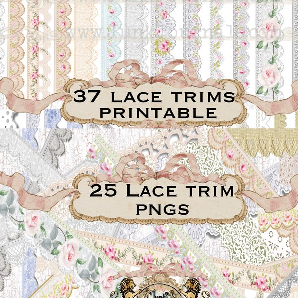 BEAUTIFUL LACE TRIM Bundle Printable and Pngs Vintage Crochet Lace Scallop Eyelet Roses Digital Download Decorate Scrapbook Journal Pages