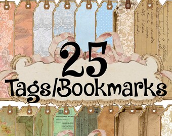25 SKINNY TAGS -LESEZEICHEN Vintage Ephemera Spitze Distressed Grunge Shabby Chic Schönes Papier für Junk Journal Taschen Printable Download