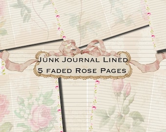 LINIERTE JOURNAL SEITEN Schöne Verblasste Rosen mit Linien 5 druckbare Seiten 8.5x11 sind 10 Junk Journal Seiten Sofortiger digitaler Download