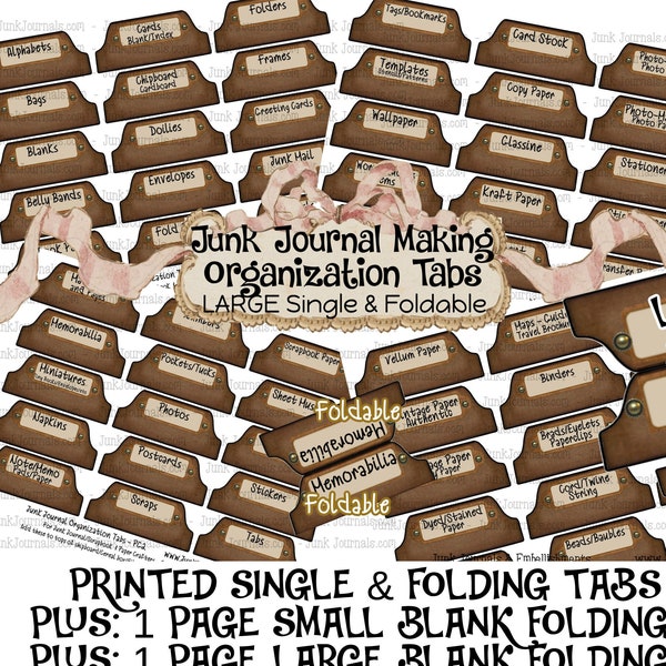 JUNK JOURNAL ORGANIZATION Tabs - Printed & Blank - Foldable 2 sided Large and Small plus Single Tabs Bundle to Get Organized!