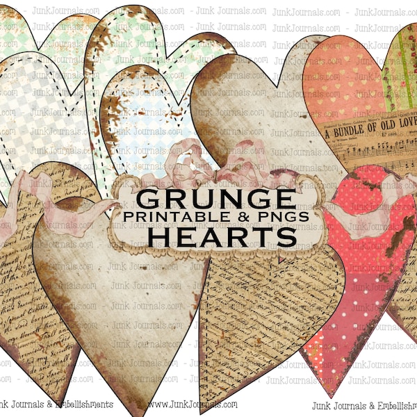 GRUNGE DISTRESSED HEARTS Shabby Vintage Style Ephemera Printables & 21 Pngs Beautiful Paper Junk Journal Scrapbook Valentine Crafts Cards