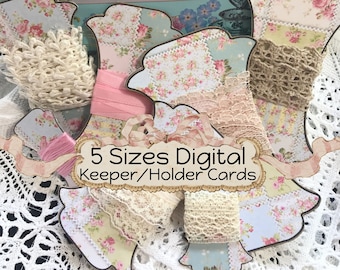 May include: Five digital printable tea bag holder cards in five different sizes. The cards are decorated with a floral pattern and lace trim. The text "5 Sizes Digital Keeper/Holder Cards" is printed on the cards.