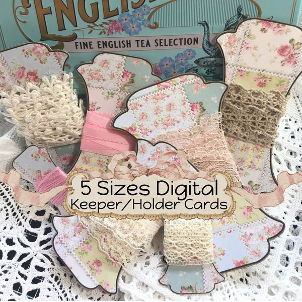 Shabby Chic Patchwork Holder Keeper Cards for Lace, Ribbon, Buttons, Thread - Organize beautifully Digital Download 5 Sizes