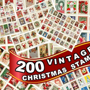 Paquete de 200 SELLOS DE NAVIDAD vintage., Muñecos de nieve, Papá Noel, retro a antiguo, varios tamaños, franqueo antiguo y diversión falsa, conjunto digital imprimible