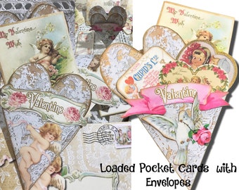 LOADED VALENTINE HEART Pocket Cards with Envelopes, Postcards, Greeting card or Junk Journal Beautiful Lace Vintage Easy Printable Ephemera