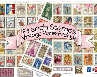 Op de afbeelding: Een digitale collage van Franse postzegels in vintage stijl met afbeeldingen van de Eiffeltoren, Parijse cafés en andere Parijse scènes. De postzegels zijn gelabeld met "French Stamps Vintage Paris-France" en "Faux French Stamp Set".
