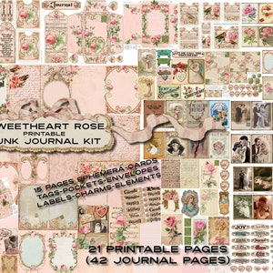 AMORE ROMANTICO - ENORME Junk Journal Kit Sweetheart Rose Pagine stampabili Foto antiche Ephemera Tasche etichette Tag Carte Buste Segnalibri