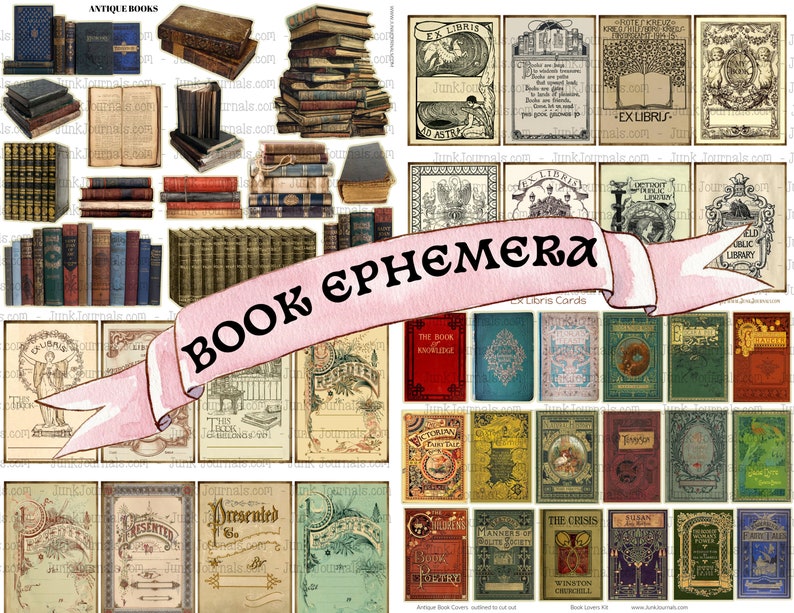 BOOK LOVERS JOURNAL Printable Digital Kit 61 Pages Ephemera Pockets Tags Labels Words Quotes Huge Library Vintage Scrapbook Bundle image 5