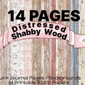 14 DISTRESSED SHABBY WOOD Background Junk Journal Pages, Beautiful Collection Printable Digital Paper, Roses, Flowers on Old Tattered Wood,