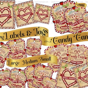 Etichette e cartellini per dolci natalizi CANDY CANE, stile antico, grandi, medie e piccole, stampabili, vintage, stravaganti, per regali, dolci e confezioni