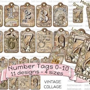 NUMBER COLLAGE TAGS 11 Designs 4 Größen Vintage Junk Journal Digital Druckbare Zahlen 0-10 zur Verschönerung Ihrer Scrapbooks, Karten und Handarbeiten