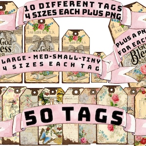 50 etiquetas VINTAGE VICTORIANAS, bonitas efímeras Shabby Chic, 10 estilos diferentes, 4 tamaños, mariposas, rosas, hojas de collage, formato PNG e imprimibles