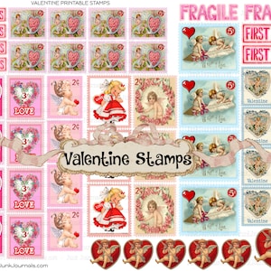 VALENTIJN POSTZEGELS Faux Vintage afdrukbare liefde postzegels Cupid Cherub hart verfraaien ongewenste Journal Scrapbook kaarten ambachten handgemaakte geschenken
