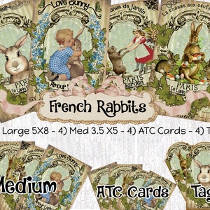 CONEJOS FRANCESES VINTAGE Paquete imprimible Conejito de Pascua Etiquetas de corona de jardín de París Tarjetas Atc Diario basura Amour Lapin Efímera digital.