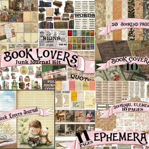 BOOK LOVERS JOURNAL Printable Digital Kit 61 Pages Ephemera Pockets Tags Labels Words Quotes Huge Library Vintage Scrapbook Bundle image 2