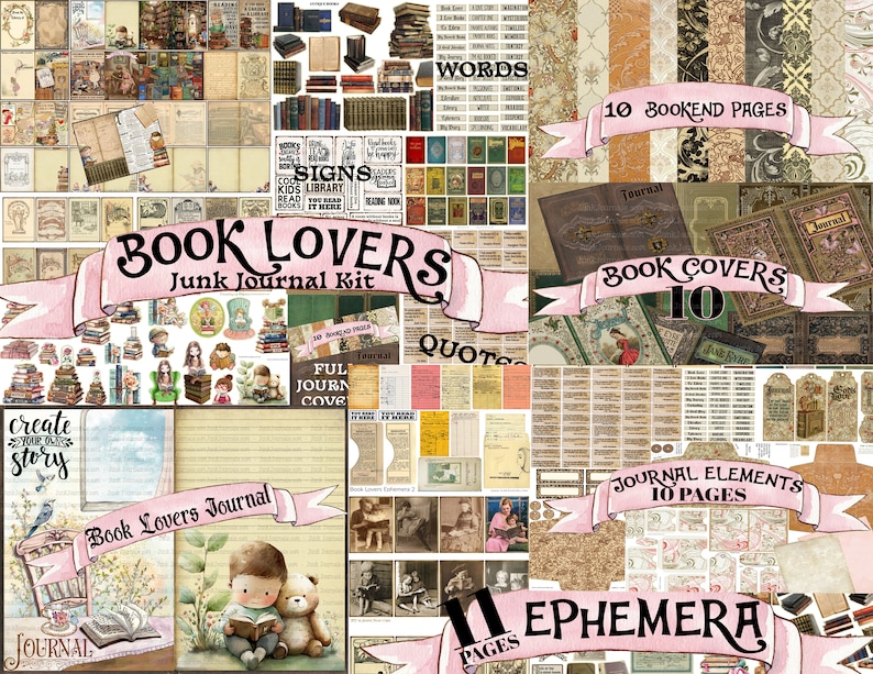 BOOK LOVERS JOURNAL Printable Digital Kit 61 Pages Ephemera Pockets Tags Labels Words Quotes Huge Library Vintage Scrapbook Bundle image 2