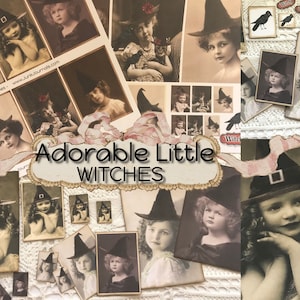 8 adorables petites sorcières à imprimer vintage en grand, moyen et petit. Éphémère parfait pour le journal indésirable d'Halloween