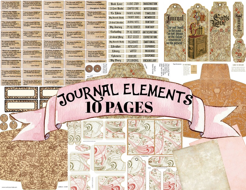 BOOK LOVERS JOURNAL Printable Digital Kit 61 Pages Ephemera Pockets Tags Labels Words Quotes Huge Library Vintage Scrapbook Bundle image 10