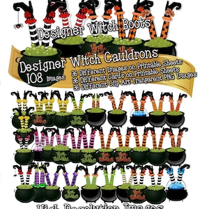 May include: A digital collection of 108 images featuring witch boots in various patterns and colors protruding from black cauldrons filled with green or blue bubbling liquid. Text includes Designer Witch Boots, Designer Witch Cauldrons, 108 images, 36 Different Images on Printable Sheets, 36 Different Cards on Printable Sheets, 36 Different Clip Art Transparent PNG Images, and High Resolution Images.