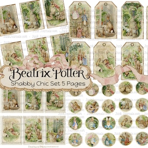 5 belles pages shabby chic PETER RABBIT Journal indésirable Beatrix Potter Scrapbooking numérique imprimable éphémères cercles Tags cartes Photos