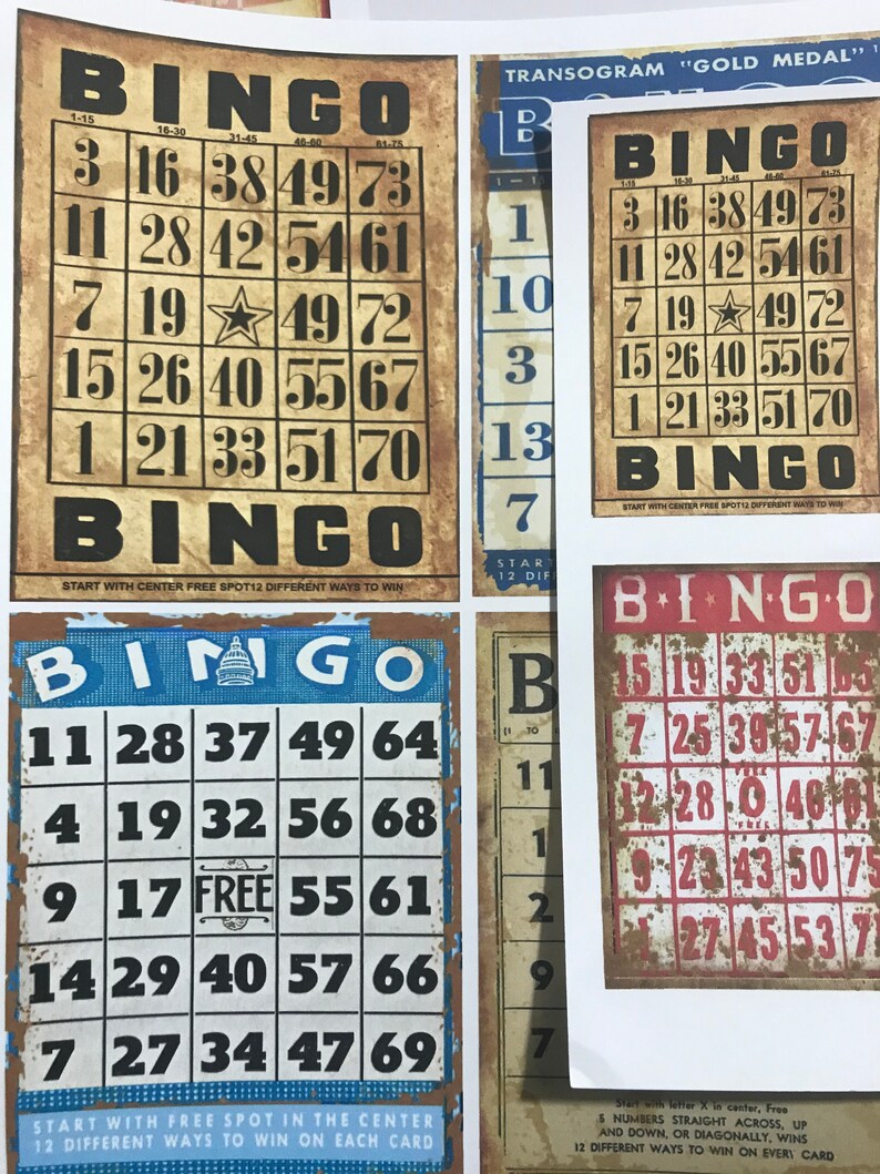 K&ouml;nnte beinhalten: Vier Vintage-Bingo-Karten mit braunem und wei&szlig;em Hintergrund. Die Karten haben ein Raster mit Zahlen und einem freien Feld in der Mitte. Die Karten sind mit "Bingo" beschriftet und enthalten Anweisungen, mit dem mittleren freien Feld zu beginnen und 12 verschiedene M&ouml;glichkeiten zu gewinnen auf jeder Karte.