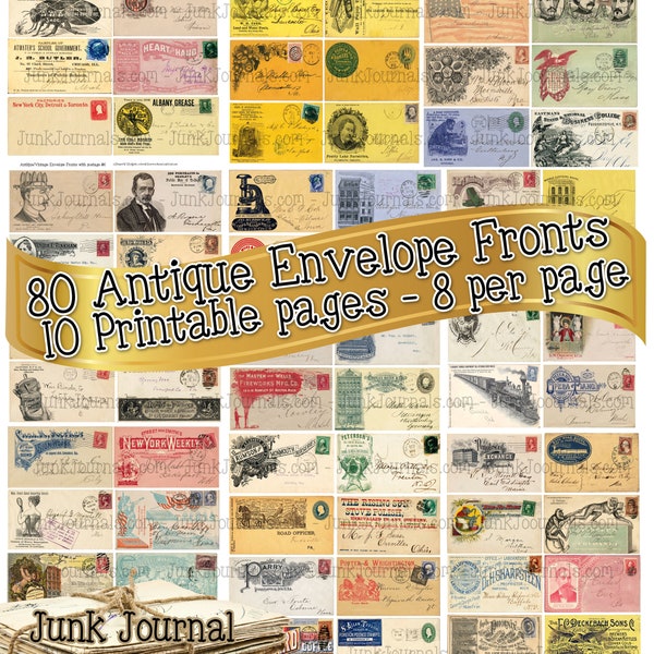 80 ANTIQUE ENVELOPES Fronts on 10 Printable pages with antique postage stamps Handwritten Junk Journal Ephemera Digital Download