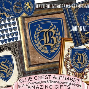 MONOGRAMMI REALI-CORNICI e copertina per diario con stemma nuziale stampabile/png alfabeto blu oro vintage personalizza regali eleganti per nome di famiglia